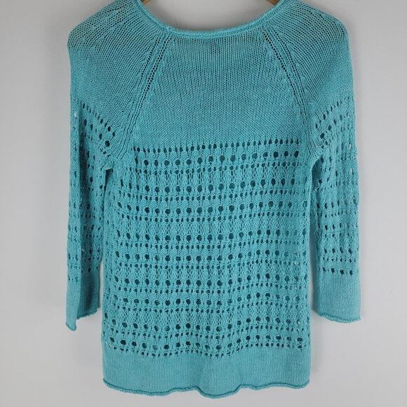 J Jill Open Knit Sweater Long Sleeve Linen Cotton Blue Size  S - Picture 5 of 5